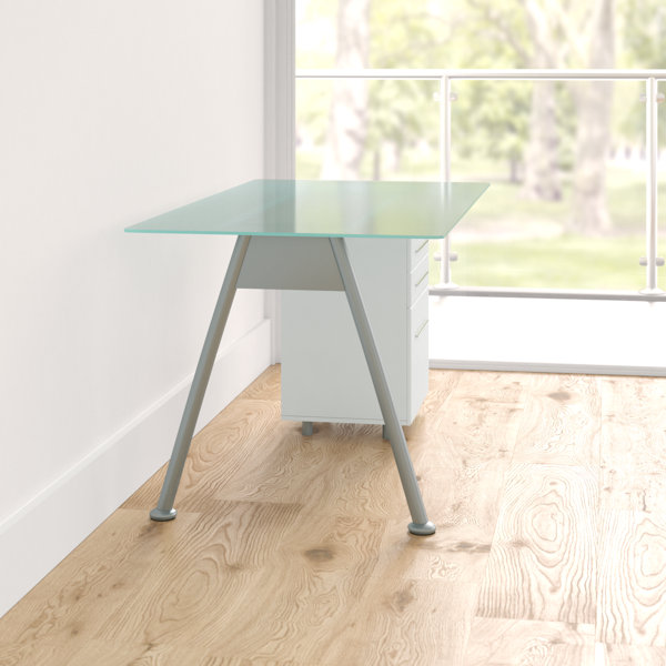 Orren Ellis Vezia Glass Computer Desk with Three Drawer Pedestal